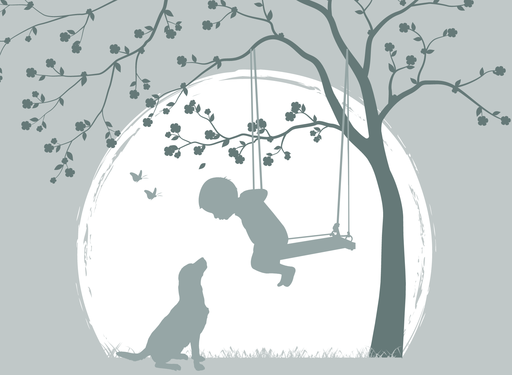 Een kleine jongen zit op een schommel in een boom en kijkt naar zijn hond, er vliegen twee vlinders.